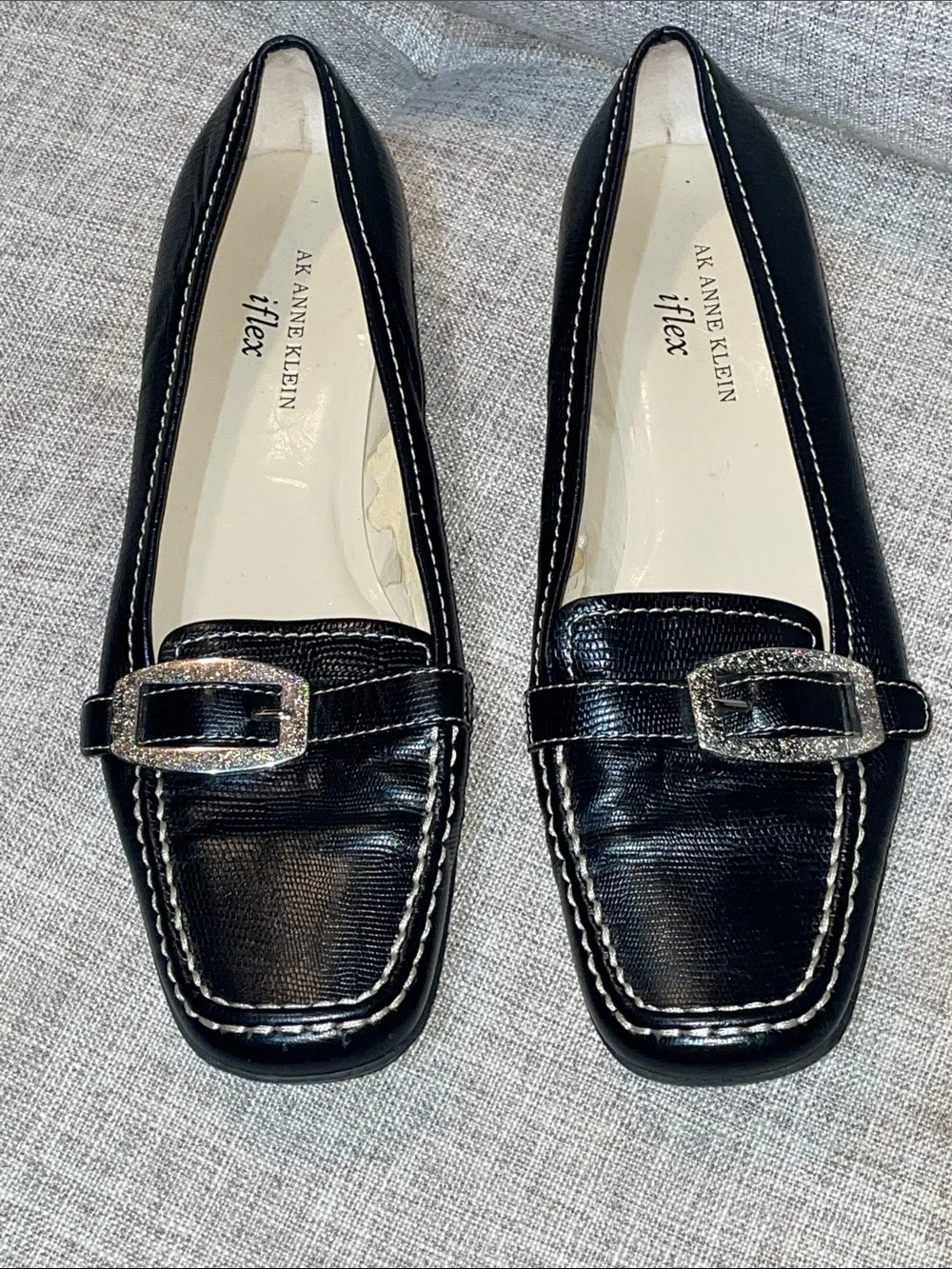Anne Klein iFlex Black Leather Loafers Buckle Comfort Shoes Women’s Size 7.5M
